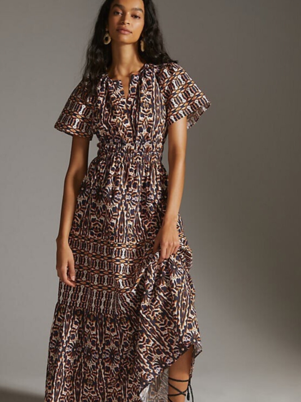 Anthropologie Printed Navy and Brown Smocked Maxi Dress